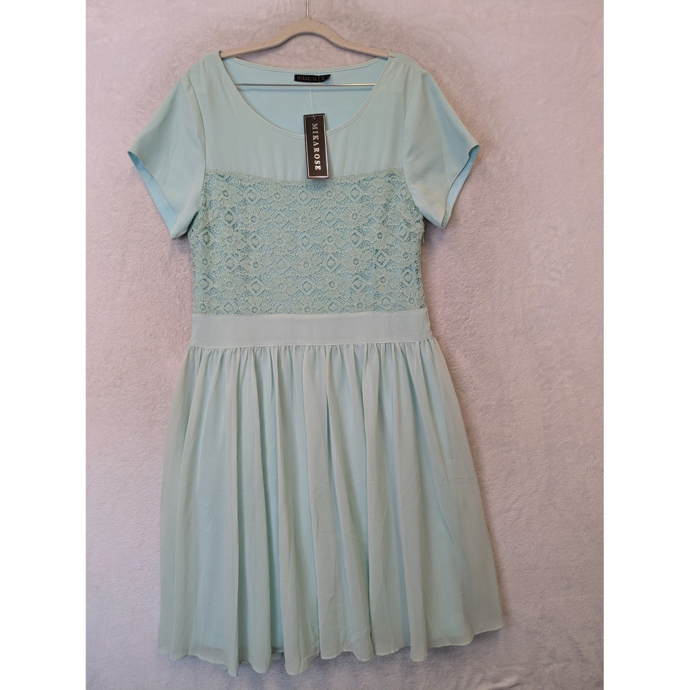 NEW Mikarose Isabel Dress Women's XL Blue Lace Panel Short Sleeve